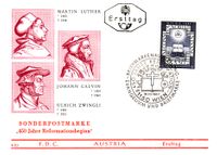 Entwurf: Adalbert Pilch. Stich: Alfred Fischer, &Ouml;sterreich, Michel 1249, 450 Jahre Reformation, &Ouml;sterreich, Zwingli, Martin Luther, Luther Briefmarken, Lutherbibel, Bibel