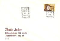 FINLAND 1967 &ndash; FDC 450 YEARS MARTIN LUTHER REFORM W 1 ST OF 40 MK POSTM HELSINKI SF NOV 4, 1967 RE1450 Jahre Reformation, Reformation, 04.11.1967, Finnland, FDC &quot;Martin Luther&quot;, Michel-Katalog-Nr.: 629, Luther Briefmarken, Helsinki, Mark Schlumberger