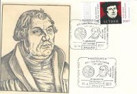 Marburg, Luther Briefmarken, Briefmarke 500 Jahre Reformation 1517 &ndash; 2017 / Martin Luther 1483 &ndash; 1546 125 Jahre Verein f&uuml;r Briefmarkenkunde, Motiv: Lutherrose, Martin Luther Stempel-Nr.: 06/061