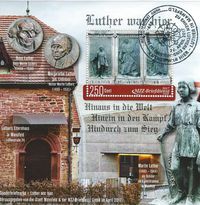 Reliefs des Lutherbrunnens in Mansfeld, MZZ Briefdienst Halle; 500. Jahr der Reformation, Reliefs des Lutherbrunnens in Mansfeld, Postkarte Lutherdenkmal, Lutherdenkmal, Luther Briefmarken, Martin Luther, Luther-Denkm&auml;ler, Lutherdenkm&auml;ler