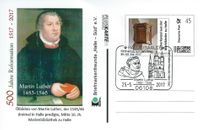 Luther Briefmarken, Unsere Lieben Frau zu Halle&ldquo;, Stempelnummer 09/106, 500 Jahre Reformation, Portrait, Martin Luther, Marktkirche Halle,