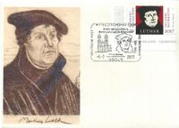 Luther Briefmarken, Martin Luther, Friedrichshafen &quot; 500 Jahre Reformation - Luther&quot; Stempelnummer 12 168 Stempelnummer 13 179, Stempelnummer: 12/168, Schloss und Schlosskirche, Portr&auml;t von Martin Luther,