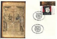 Luther Briefmarken, Erstverwendung Markenset Luther Bonn, &bdquo;500 Jahre Reformation&ldquo;: Antonia Graschberger, M&uuml;nchen Motiv &bdquo;Wartburg&ldquo;: Nicole Elsenbach, H&uuml;ckeswagen Stempel: Wittmann, Schwabach