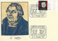 Luther Briefmarken, 500 JAHRE REFORMATION, Johannes Bugenhagen, Martin Luther, Stempelnummer: 20/302&quot;500 Jahre Reformation - Luther&quot;, Greifswald, Reformation, Martin Luther, Luther Briefmarken