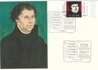 RECHTECKSTEMPEL, Deutsche Post Erlebnis: Briefmarken, Frieden bewahren ist besser als Frieden schlie&szlig;en M.L., 500 JAHRE REFORMATION GROSSTAUSCHTAG, 22.10.2017 Solingen, Stempelnummer 20/315, Reformation, Luther Briefmarken, Martin Luther, Solingen