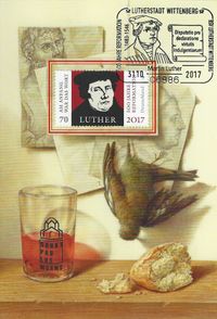 RECHTECKSTEMPEL, 500 JAHRE REFORMATION, Martin Luther, Disputatio pro declaratione virtutis indulgentiarum, BSV, LUTHERSTADT WITTENBERG, Martin Luther, Schriftrolle, Stempelnummer: 21/336, Luther Briefmarken