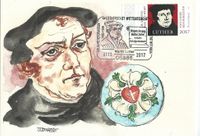 RECHTECKSTEMPEL, 500 JAHRE REFORMATION, Martin Luther, Disputatio pro declaratione virtutis indulgentiarum, BSV, LUTHERSTADT WITTENBERG, Martin Luther, Schriftrolle, Stempelnummer: 21/336, Luther Briefmarken