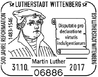 RECHTECKSTEMPEL, 500 JAHRE REFORMATION, Martin Luther, Disputatio pro declaratione virtutis indulgentiarum, BSV, LUTHERSTADT WITTENBERG, Martin Luther, Schriftrolle, Stempelnummer: 21/336, Luther Briefmarken