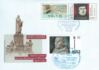 17. April 2017 Sonderstempel 500 Jahre Luther vor Kaiser und Reich - Gendenkumschlag der Post mit Erstverwenderstempel Bonn und Sonderstempel Worms 3