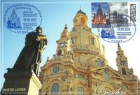 Michel-Nummer: 3785; Serie &quot;Zeitreise Deutschland&quot; , Dreden Fauenkirche, Luther-Denkmal Dresden, Luther Briefmarken, Lutherdenkm&auml;ler