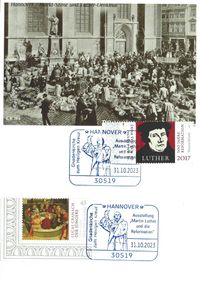 Diakon David Scherger, Pfarrer Holger Schmidt, Geo M&uuml;ller - Stempel M&uuml;ller e.K., N&uuml;rnberg, Ausstellung &bdquo;Martin Luther und die Reformation&ldquo; Hannover, Luther Briefmarken, Luther Sonderstempel 2023,