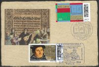 SCHW&Auml;BISCH HALL; Sonderstempel 11.05.2024; Luther Stempel 2024; D&uuml;rer- &amp; Luther-Philatelisten e. V.; Martin Luther; Johannes Brenz; Heidelberger Disputation 1518; RECHTECKSTEMPEL; Stempelnummer Nr: 09/044; Lutherbriefmarken