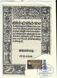 DEUTSCHE POST PHILATELIE 100 Jahre GLAUBE+HEIMAT, Motiv: Lutherrose und Logo der Kirchenzeitung Sonderstempelnummer: 00/034, Luther Briefmarken