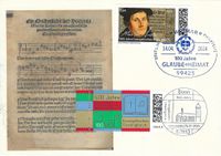 DEUTSCHE POST PHILATELIE 100 Jahre GLAUBE+HEIMAT, Motiv: Lutherrose und Logo der Kirchenzeitung Sonderstempelnummer: 00/034, Luther Briefmarken