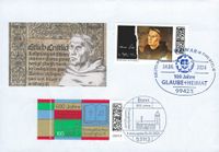 DEUTSCHE POST PHILATELIE 100 Jahre GLAUBE+HEIMAT, Motiv: Lutherrose und Logo der Kirchenzeitung Sonderstempelnummer: 00/034, Luther Briefmarken