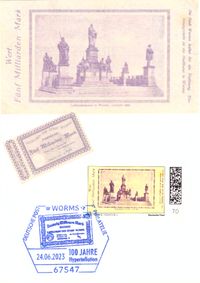 Worms - Sonderstempel 100 Jahre Hyperinflation, Lutherdenkmal Worms, Reformationsdenkmal Worms, Individualbriefmarke Worms, Notgeldschein Worms, Luther Briefmarken