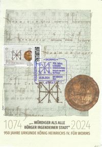 15.06.2024 Sonderstempel Worms - 950Jahre kommunale Selbsverwaltung - Urkunde von 1074 f&uuml;r Worms - Heinrich IV
